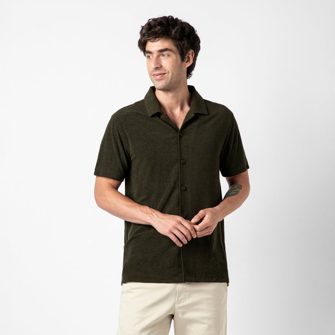 Coastal Terry Shirt Dark Pine front on model