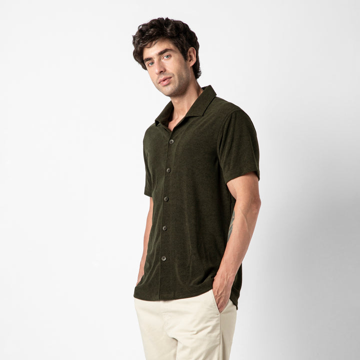 Coastal Terry Shirt Dark Pine side on model