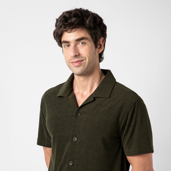 Coastal Terry Shirt Dark Pine close up on model