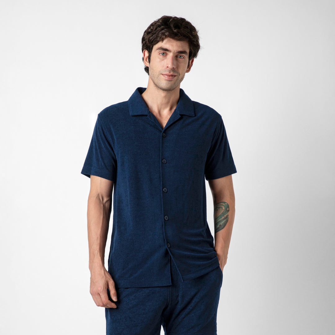 Coastal Terry Shirt Navy front on model