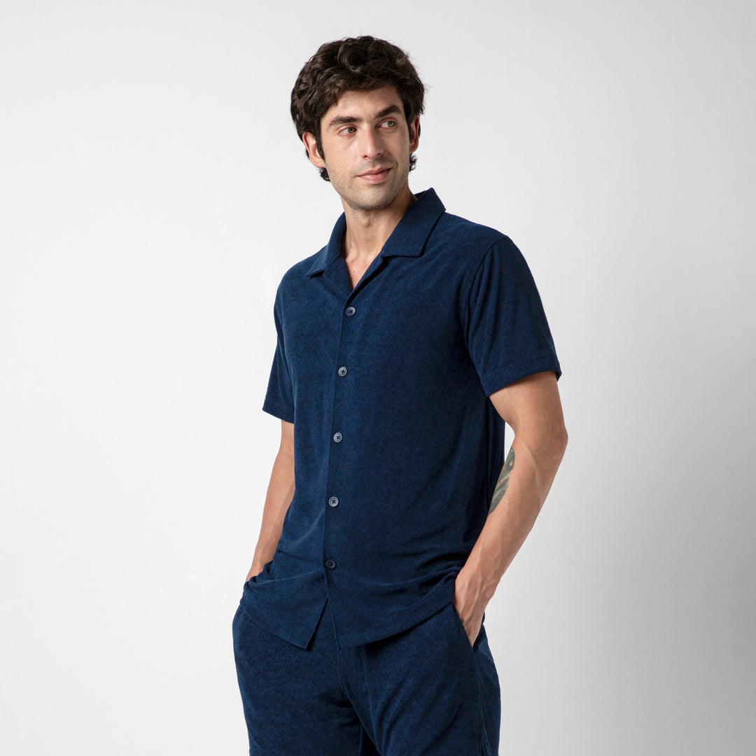Coastal Terry Shirt Navy side on model