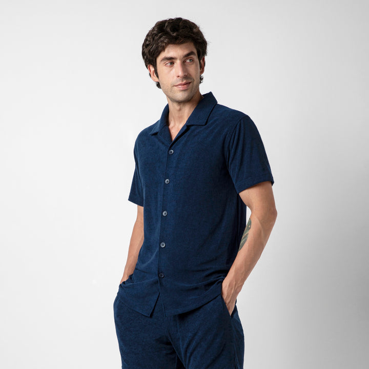 Coastal Terry Shirt Navy side on model