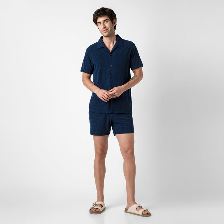 Coastal Terry Shirt Navy full body on model