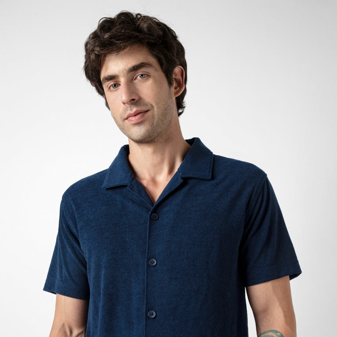 Coastal Terry Shirt Navy close up on model