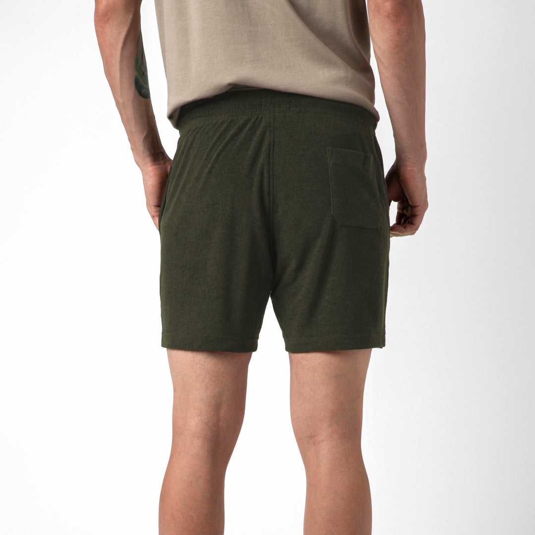 Coastal Terry Short Dark Pine back on model