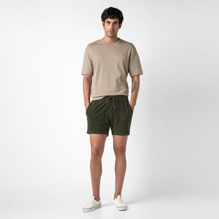 Coastal Terry Short Dark Pine full body on model