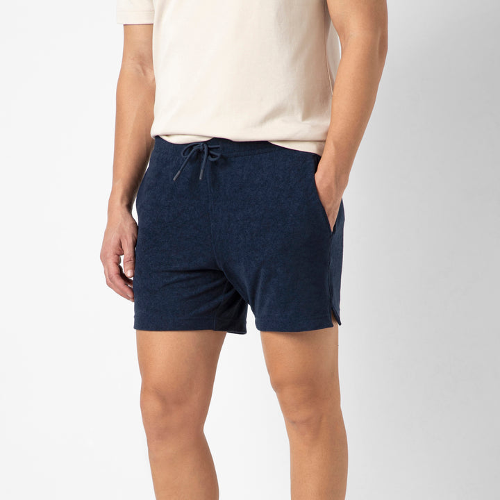 Coastal Terry Short Navy side on model