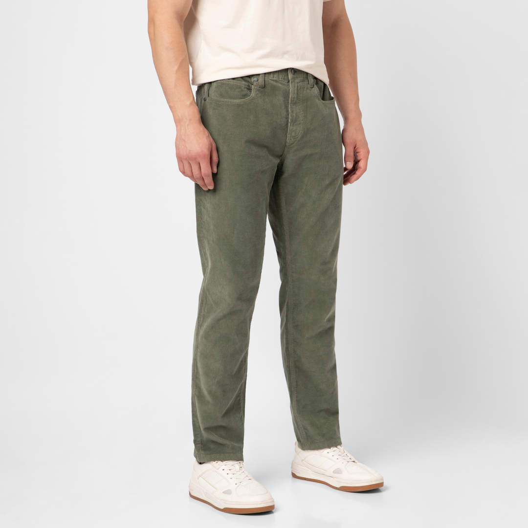 Corduroy 5-Pocket Pant Moss right side on model