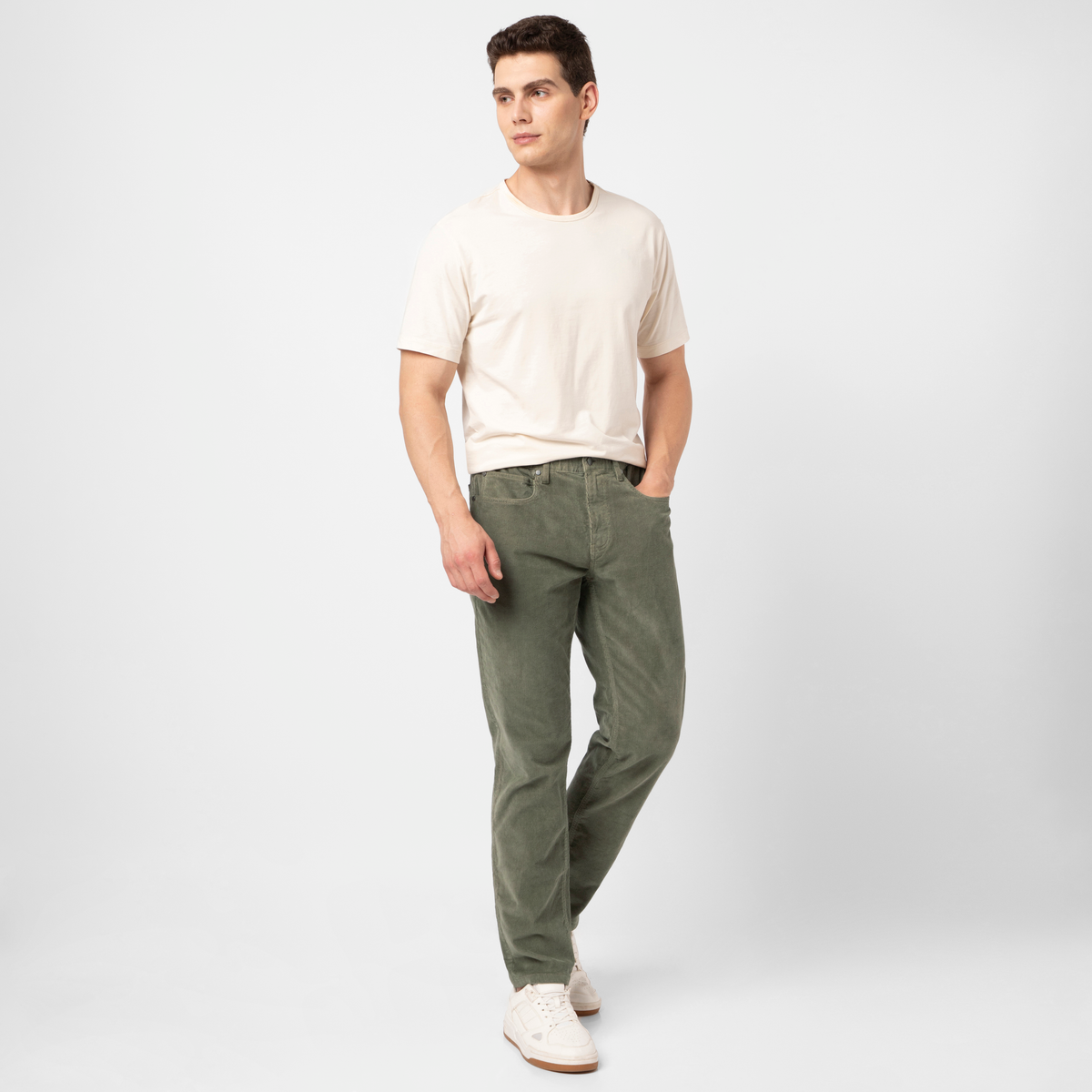 Corduroy 5-Pocket Pant Moss front on model worn with Supima Tee Ecru