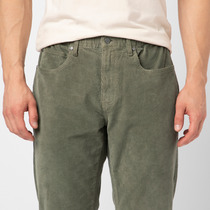 Corduroy 5-Pocket Pant Moss front on model close up of waistband and belt loops