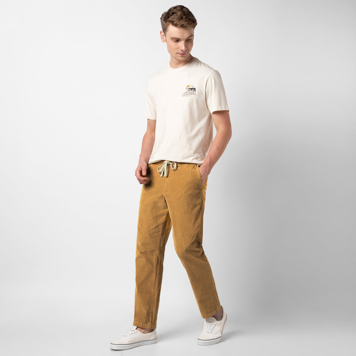 Corduroy Easy Pant British Khaki full body on model