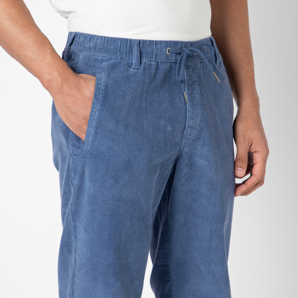 Corduroy Industry Pant Blue on model close up side