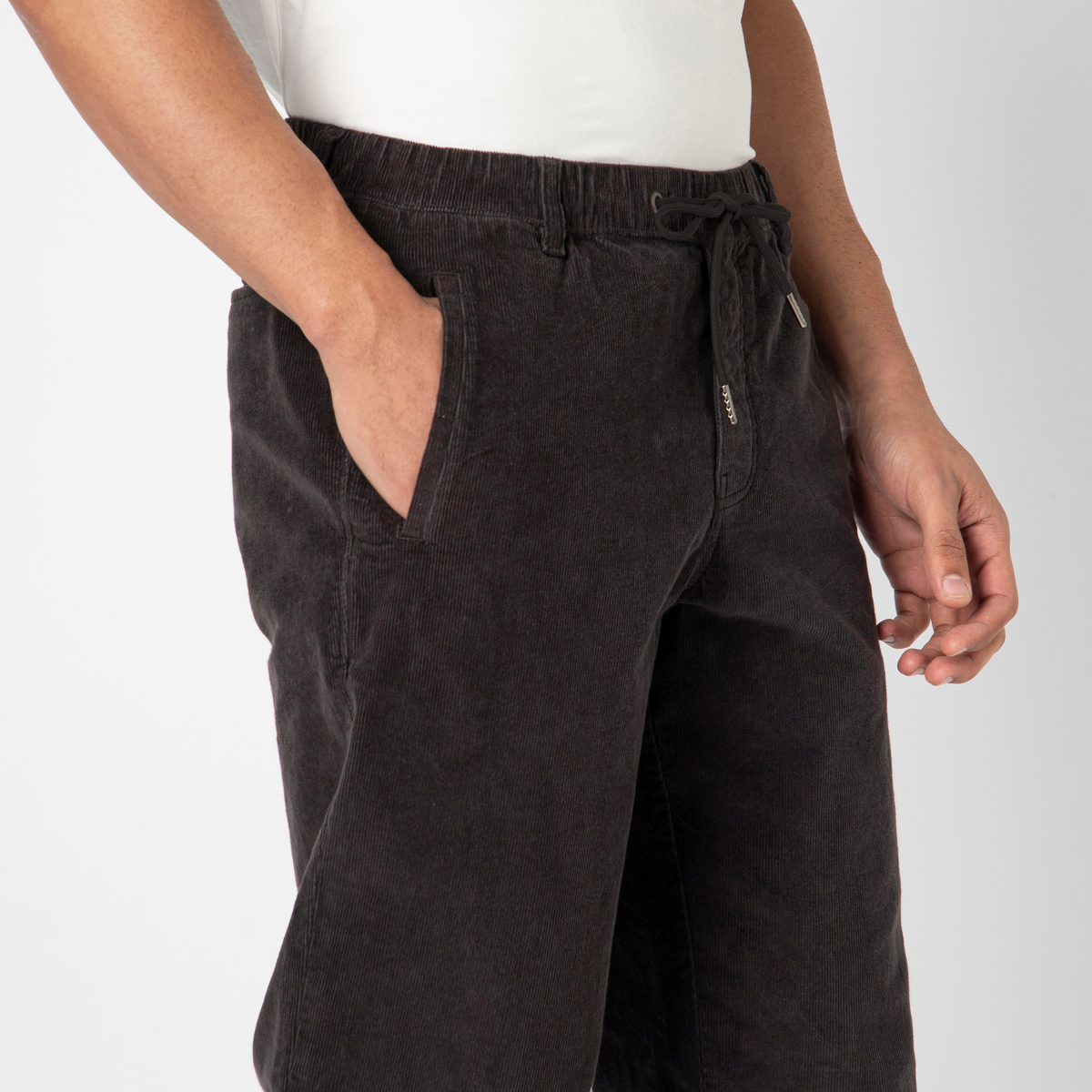 Corduroy Industry Pant Charcoal on model side close up