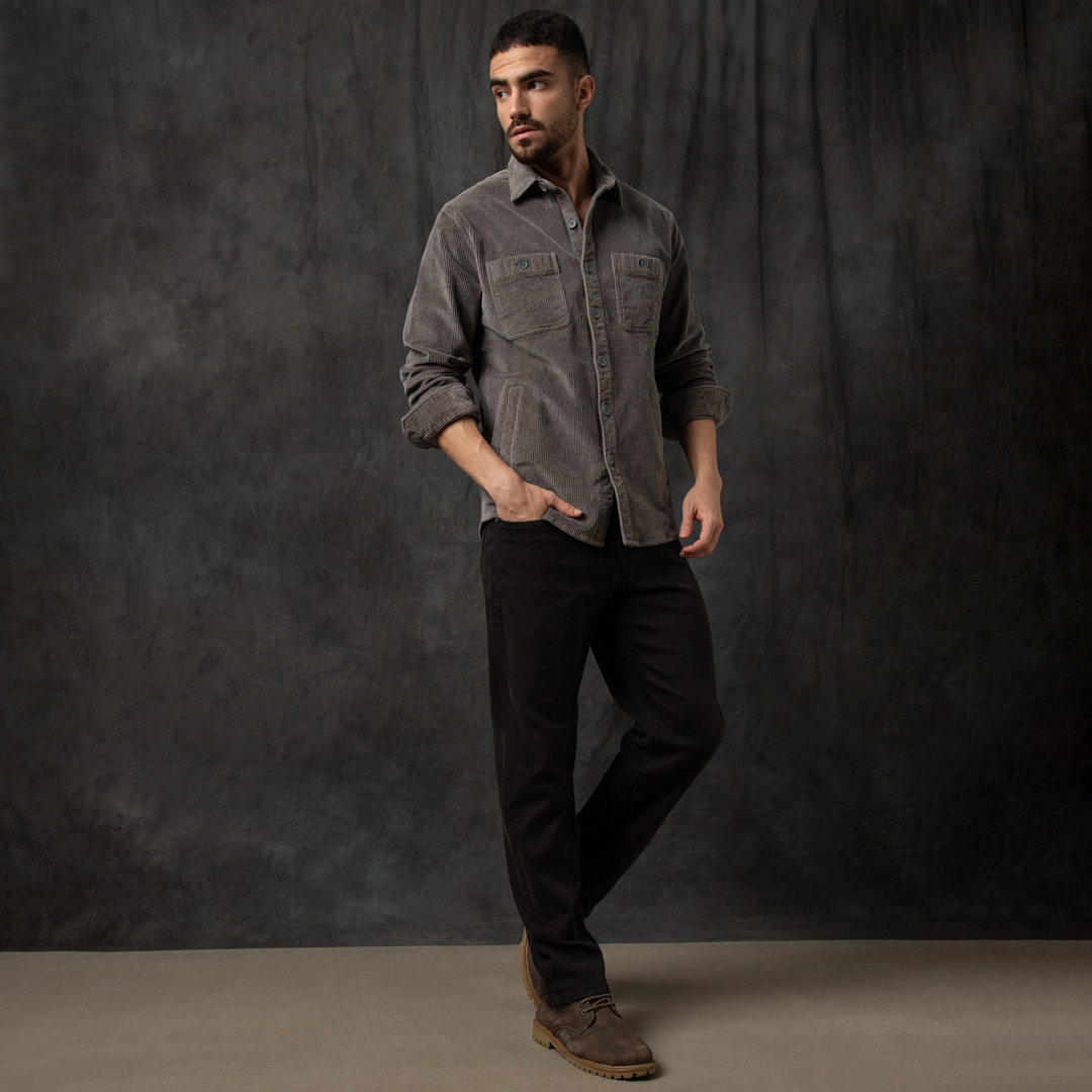 Corduroy Workshirt Dark Grey Backdrop full body on model