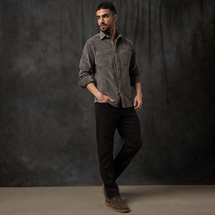 Corduroy Workshirt Dark Grey Backdrop full body on model