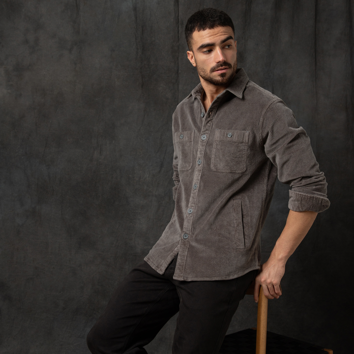 Corduroy Workshirt Dark Grey Backdrop side on model