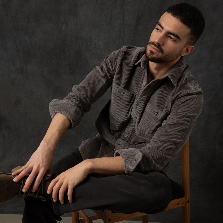 Corduroy Workshirt Dark Grey Backdrop front on model