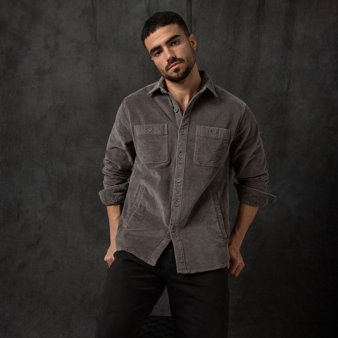 Corduroy Workshirt Dark Grey Backdrop front on model