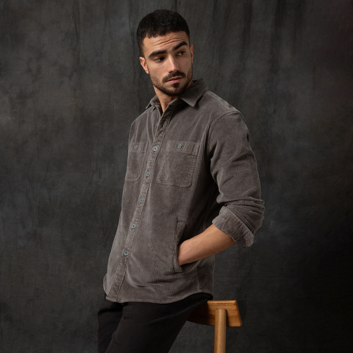 Corduroy Workshirt Dark Grey Backdrop side on model