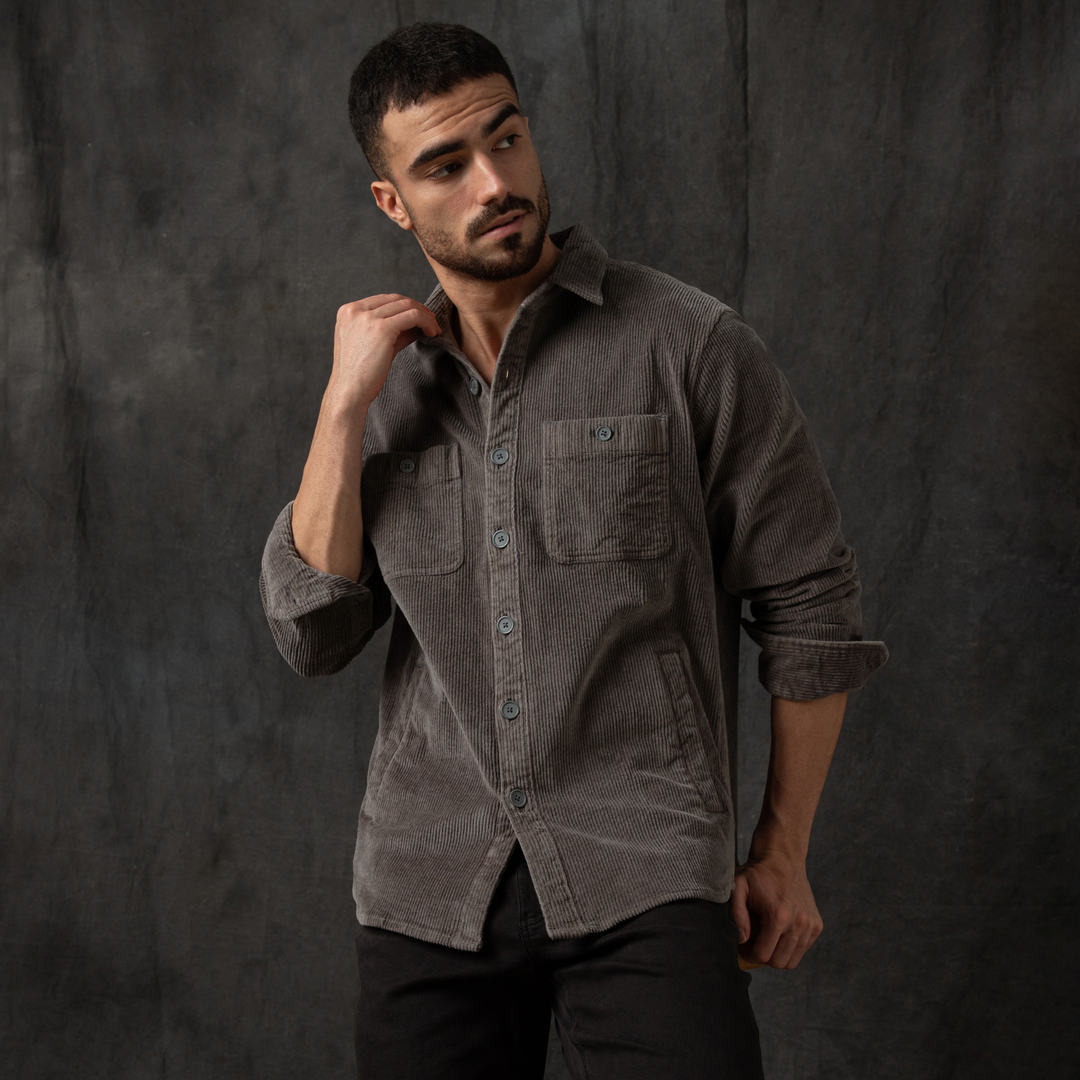 Corduroy Workshirt Dark Grey Backdrop front on model