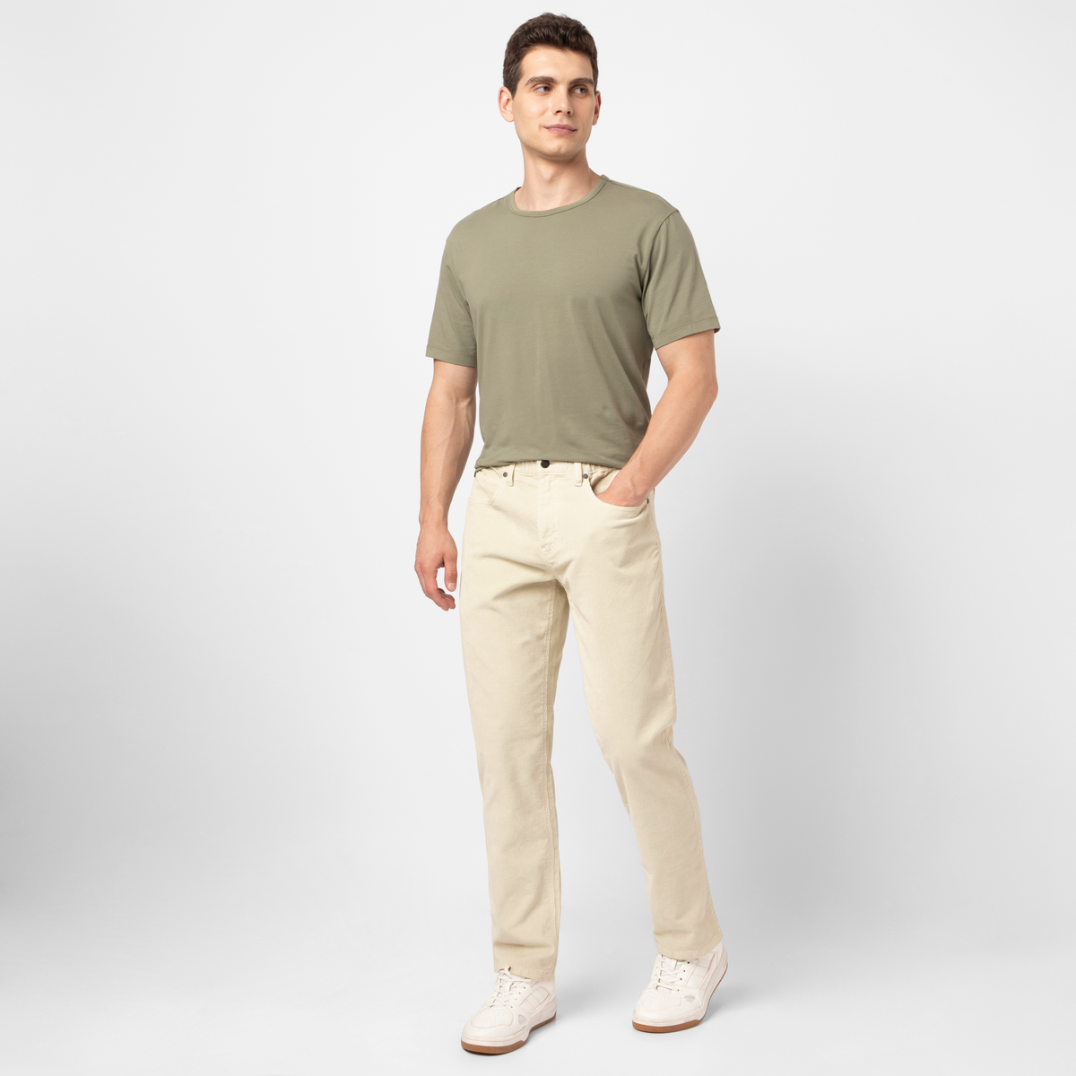 Corduroy 5-Pocket Pant Stone full body on model