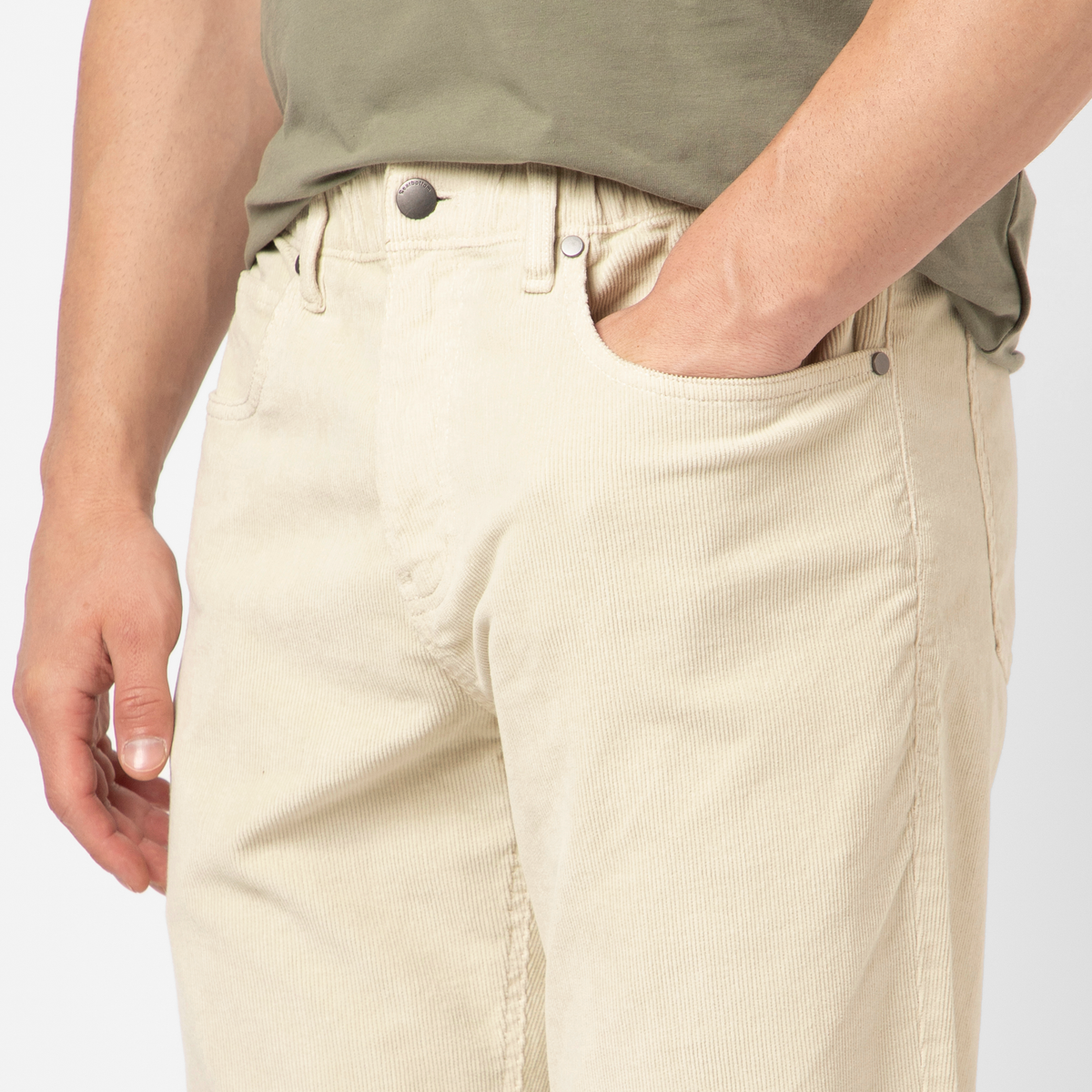 Corduroy 5-Pocket Pant Stone close up front on model