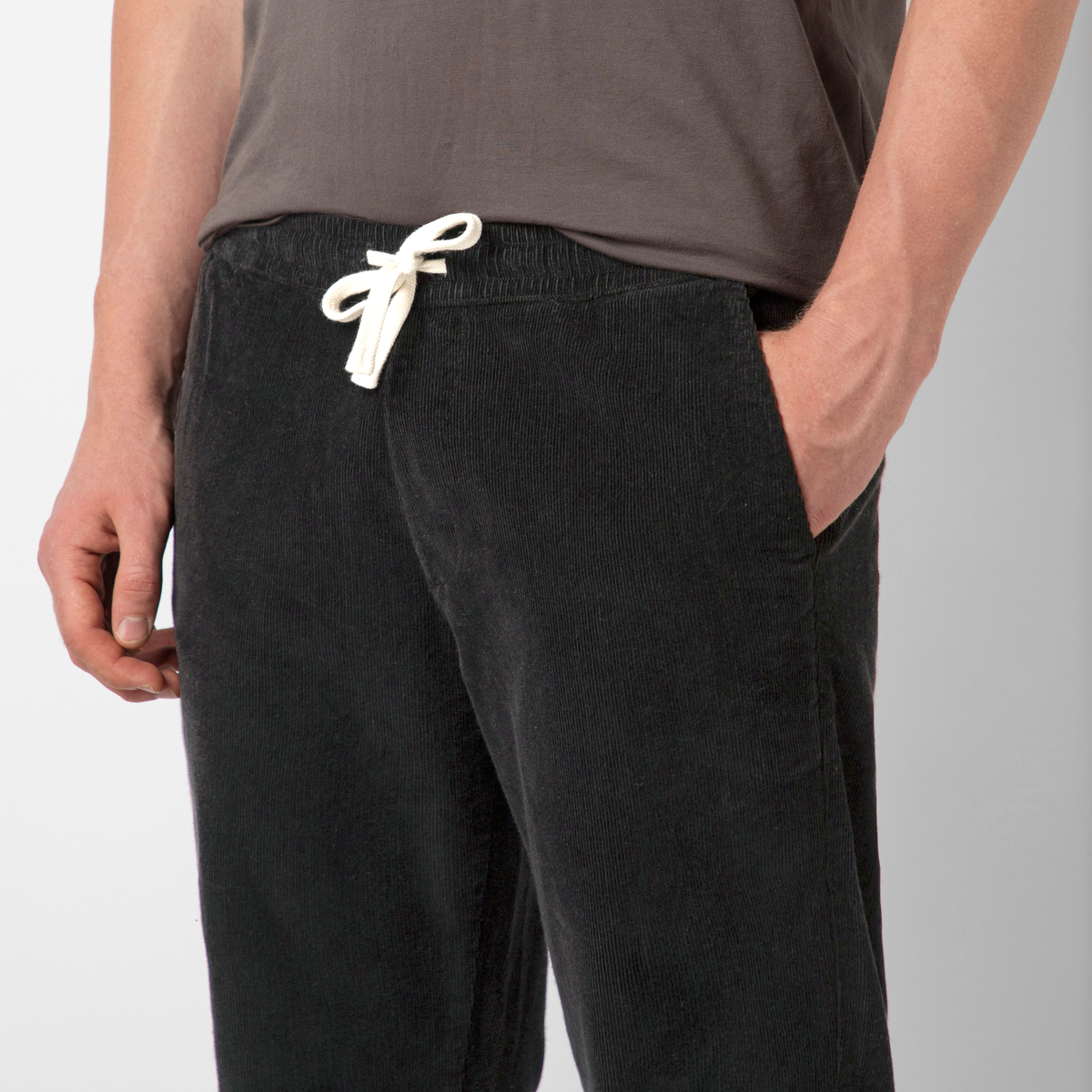 Corduroy Easy Pant Black close up front on model