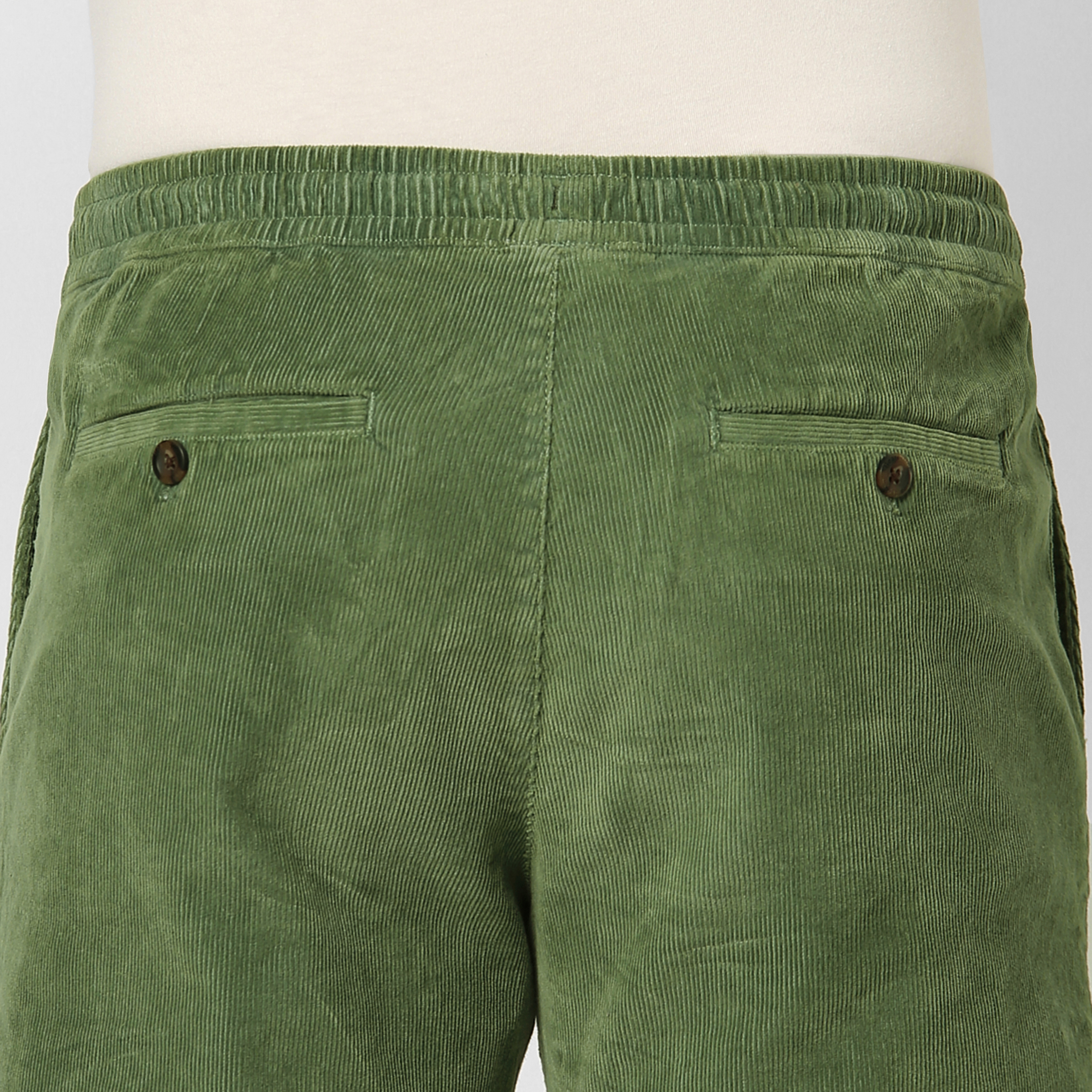 Corduroy Easy Pant Cactus close up back button pockets on model