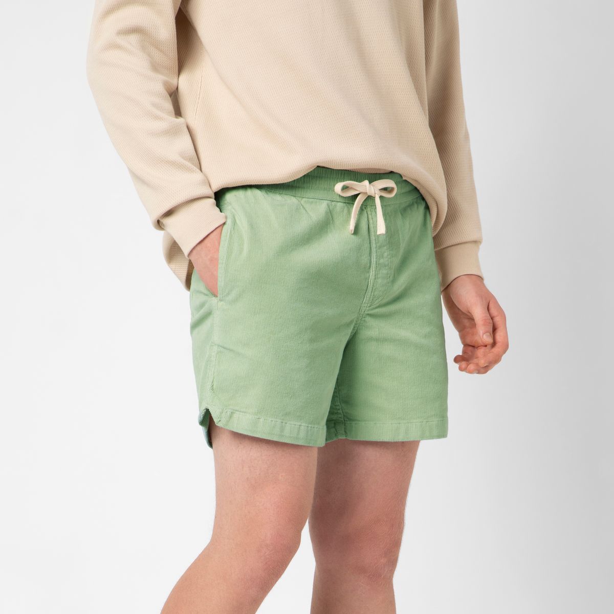Corduroy Easy Short Soft Green side on model