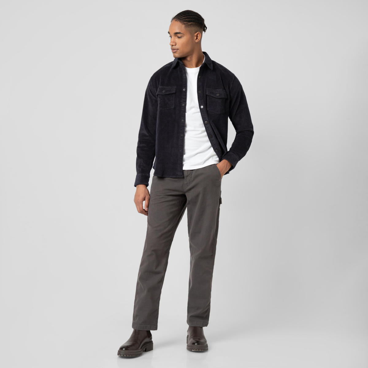 Corduroy Snap Overshirt Black full body on model