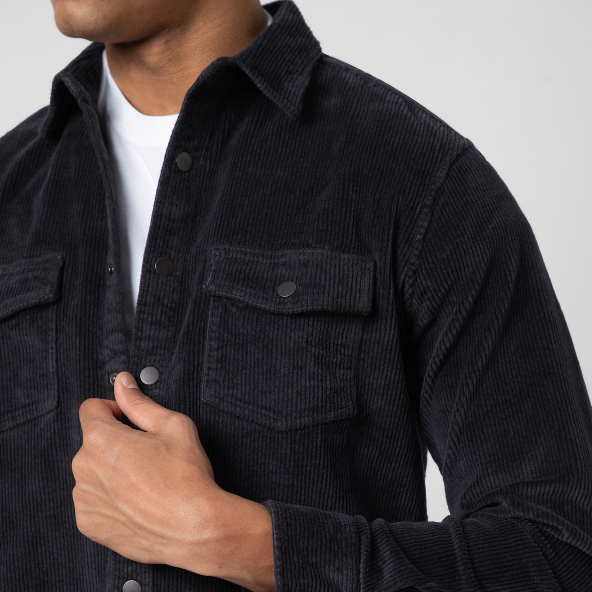 Corduroy Snap Overshirt Black close up front on model