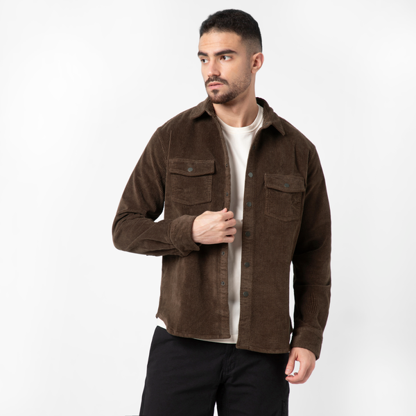Corduroy Snap Overshirt Cocoa front on model