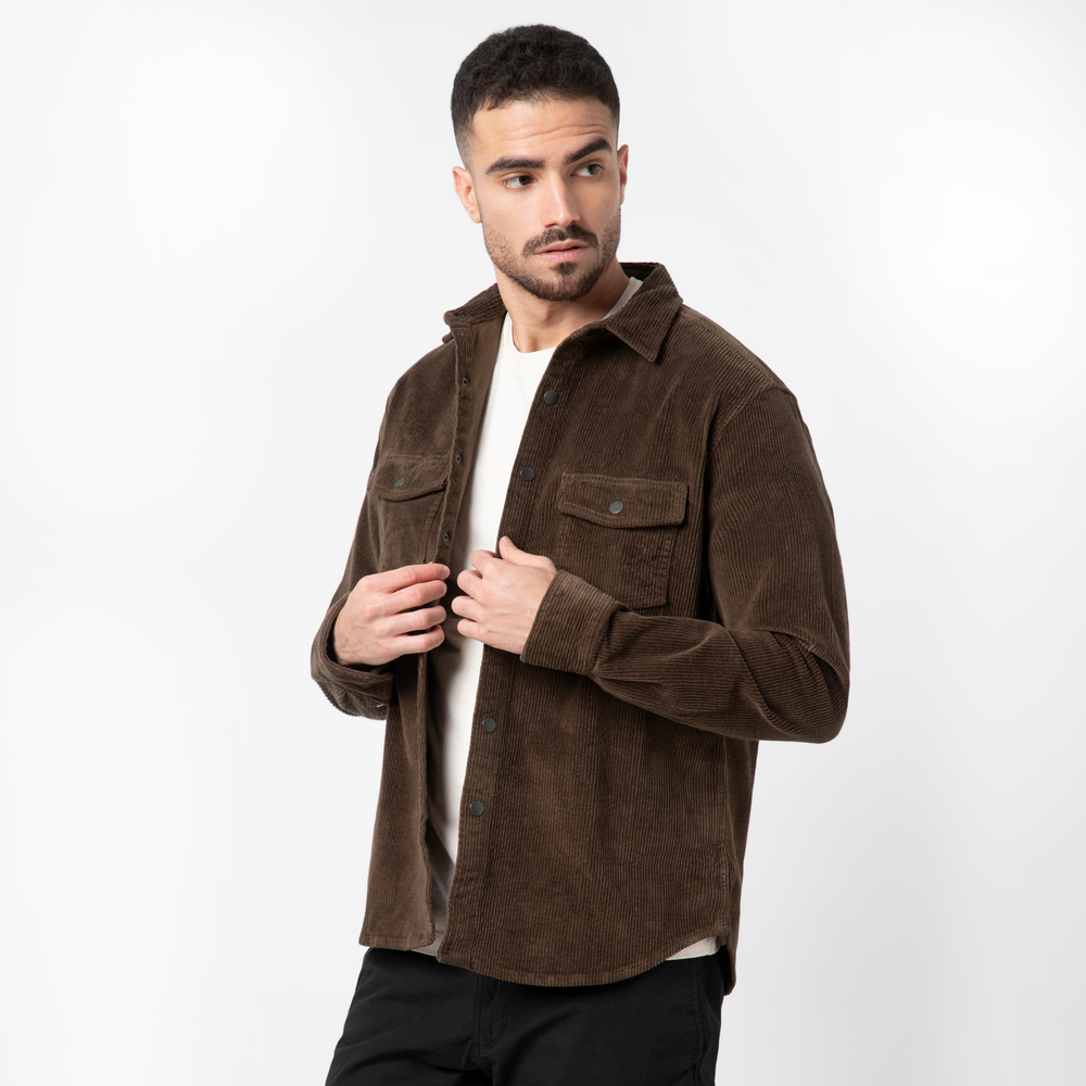 Corduroy Snap Overshirt Cocoa side on model
