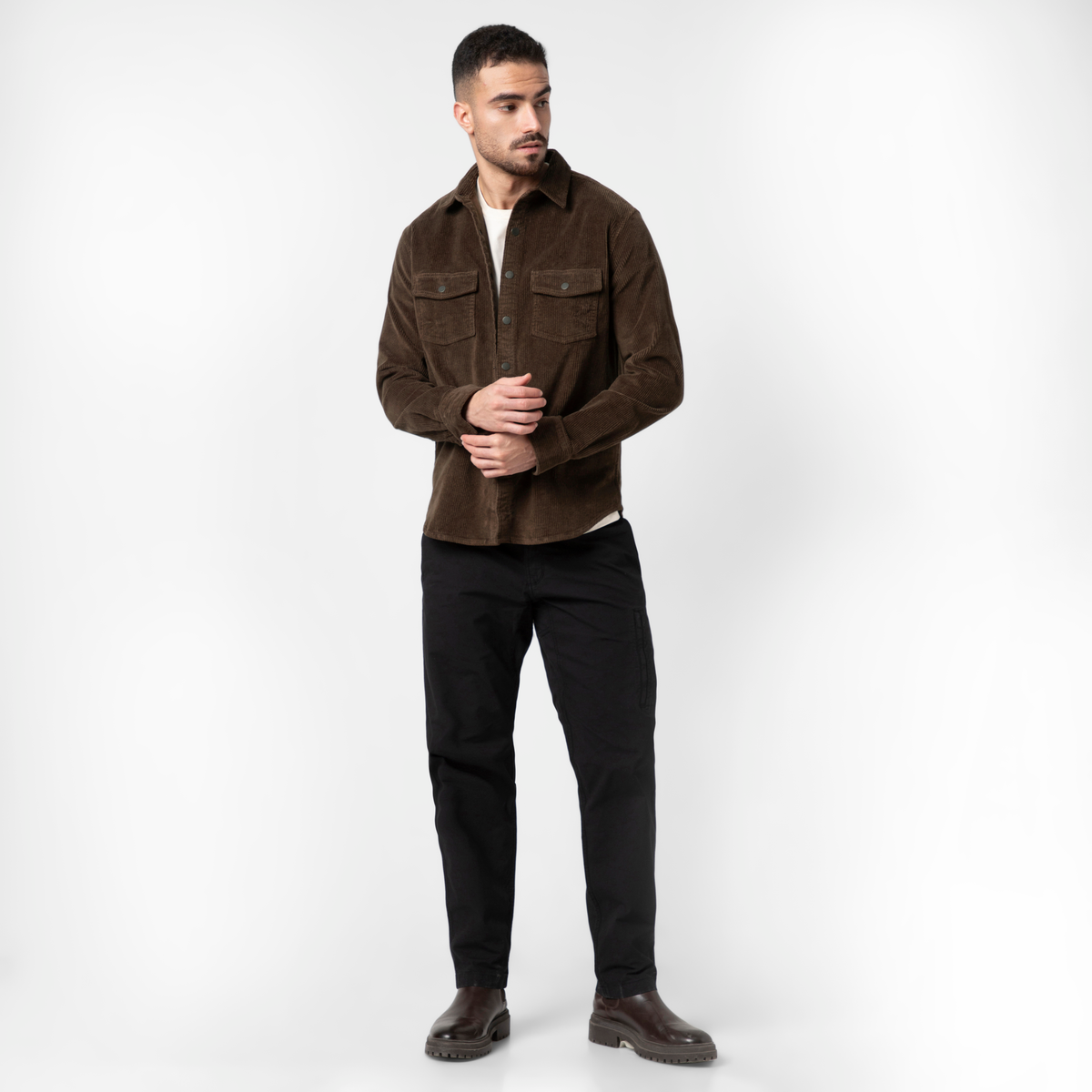 Corduroy Snap Overshirt Cocoa full body on model