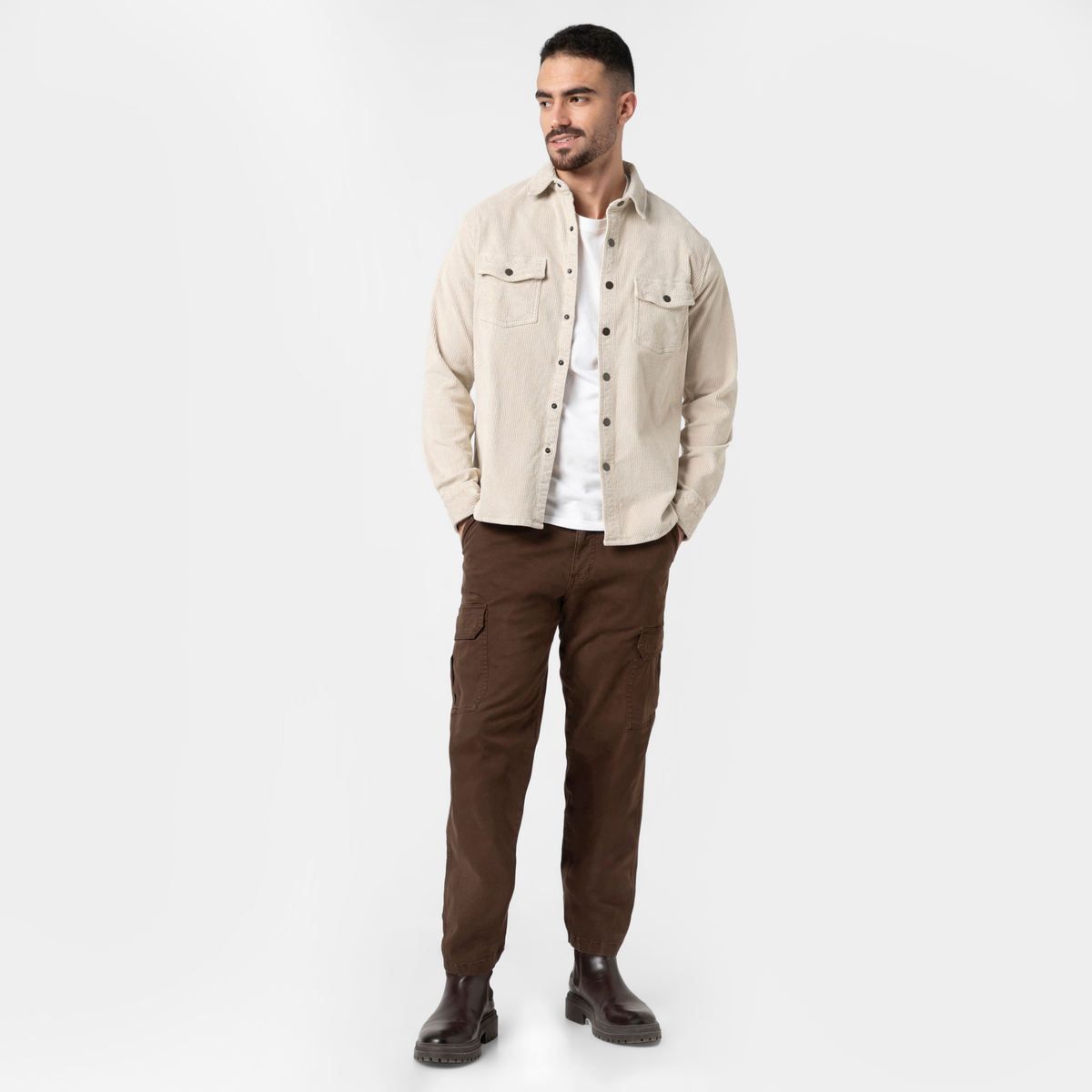 Corduroy Snap Overshirt Oat full body on model