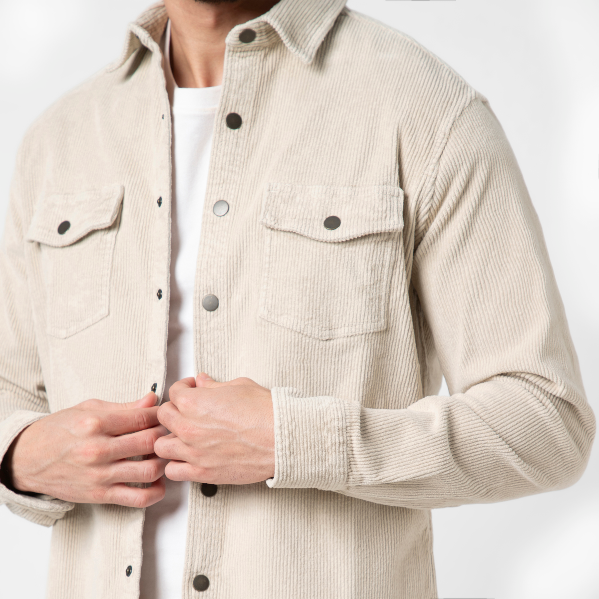 Corduroy Snap Overshirt Oat close up front on model