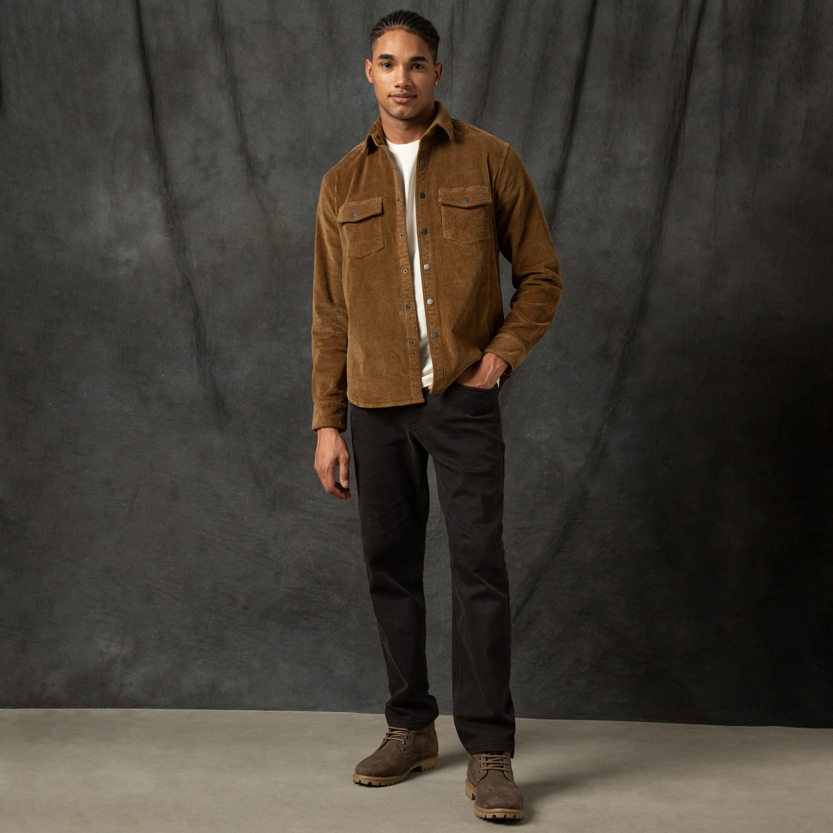 Corduroy Snap Overshirt Umber full body on model