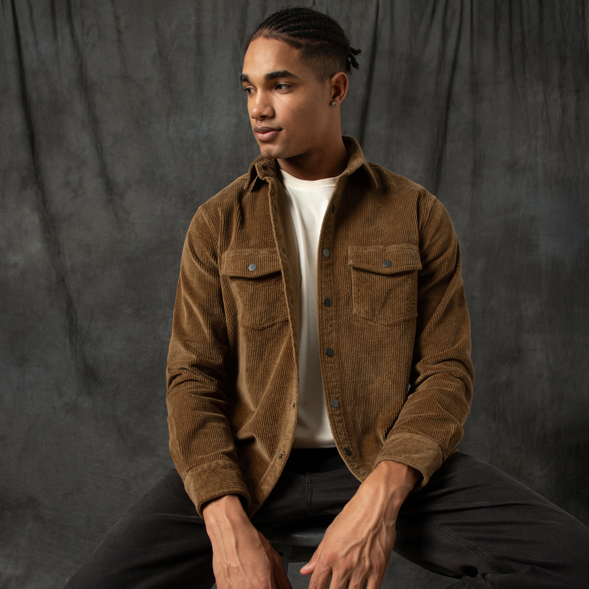 Corduroy Snap Overshirt Umber front on model