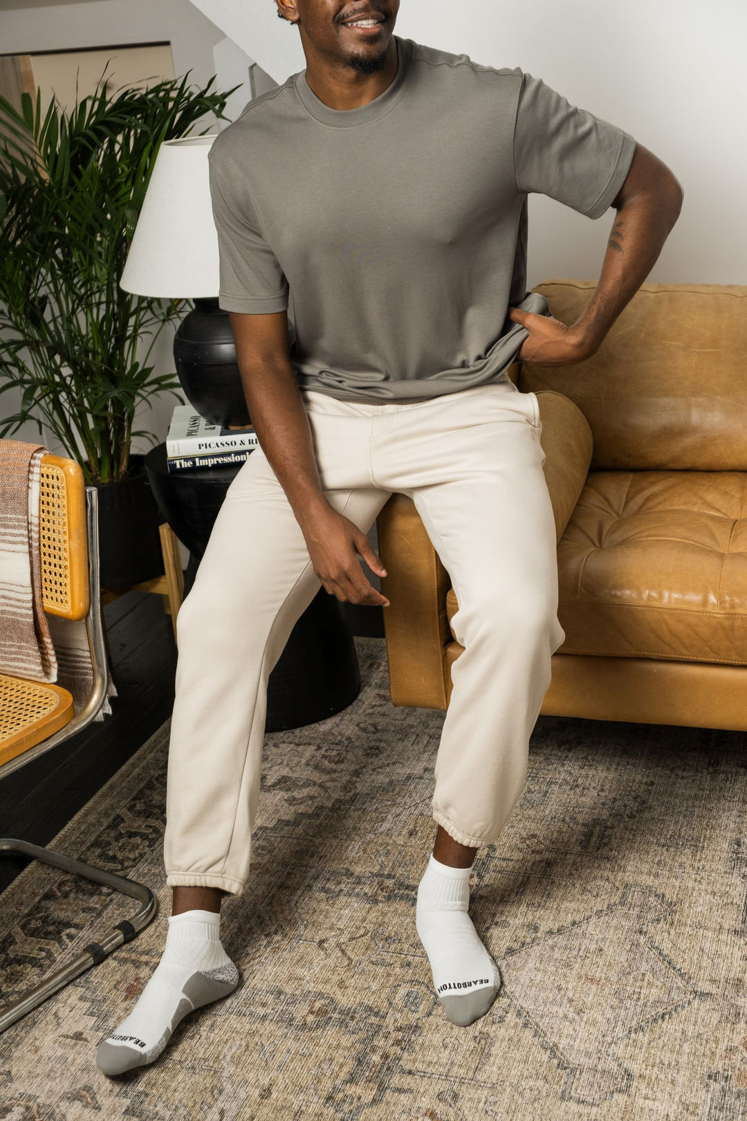 Man in Core Jogger Bone and Midweight Supima Tee Graphite