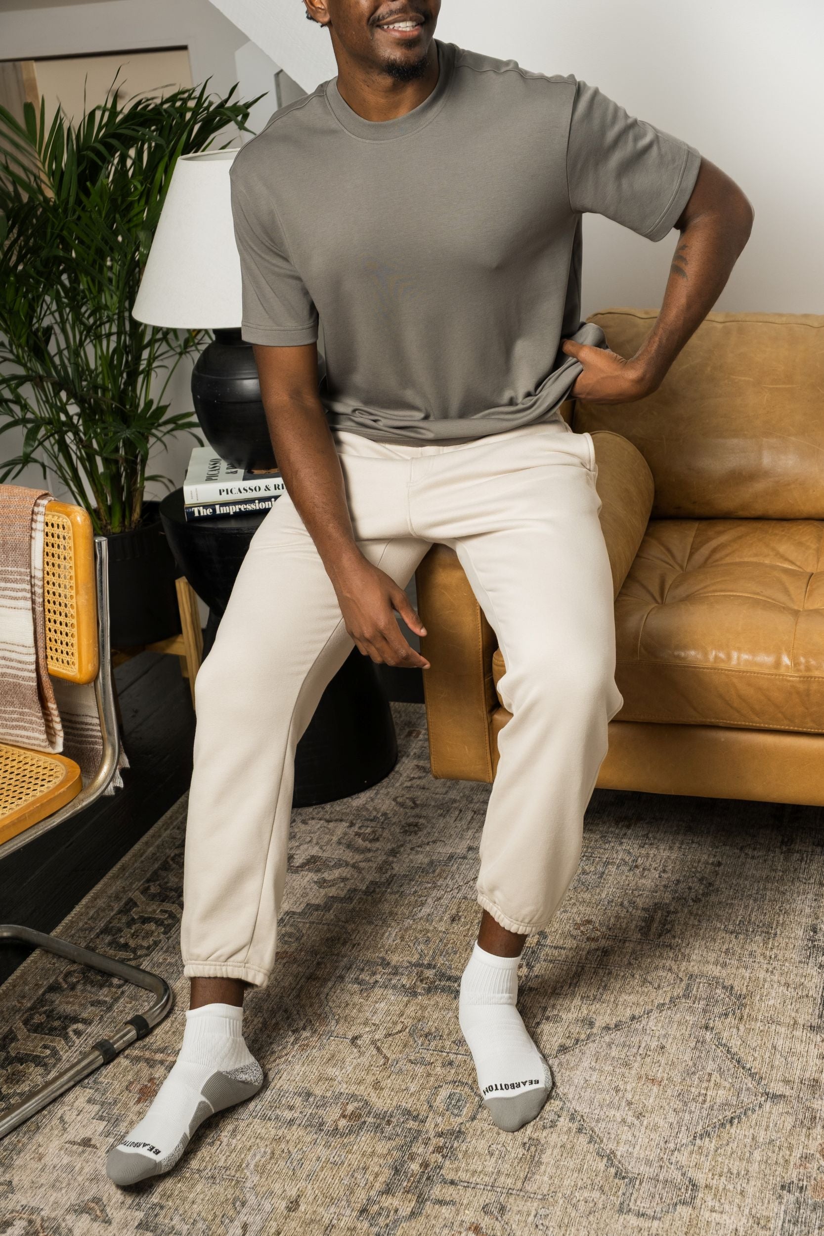 Man in Core Jogger Bone and Midweight Supima Tee Graphite