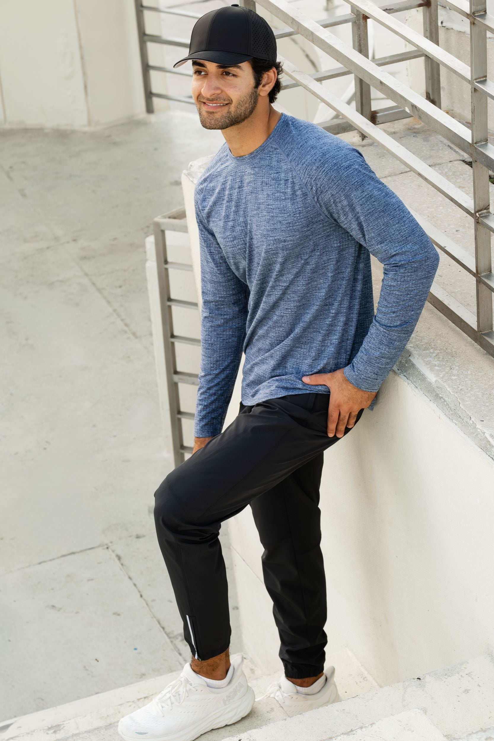 Man in Tread Long Sleeve Tee in Denim and Run Jogger in Black