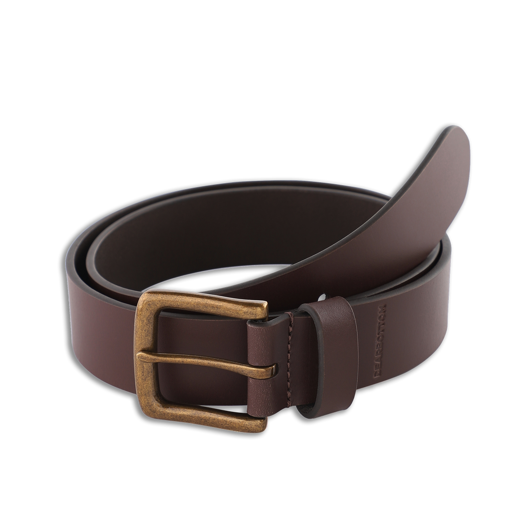 Daily Leather Belt Dark Brown with antique brass prong enclosure and embossed Bearbottom below loop