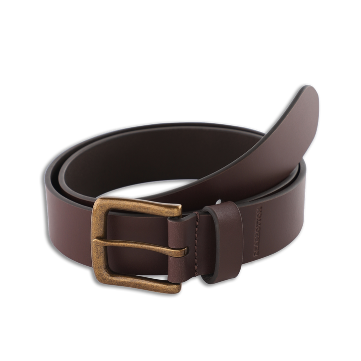 Daily Leather Belt Dark Brown with antique brass prong enclosure and embossed Bearbottom below loop