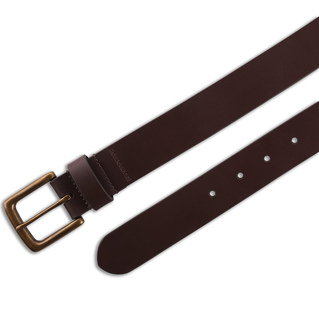 Daily Leather Belt Dark Brown close up of prong enclosure and belt loops