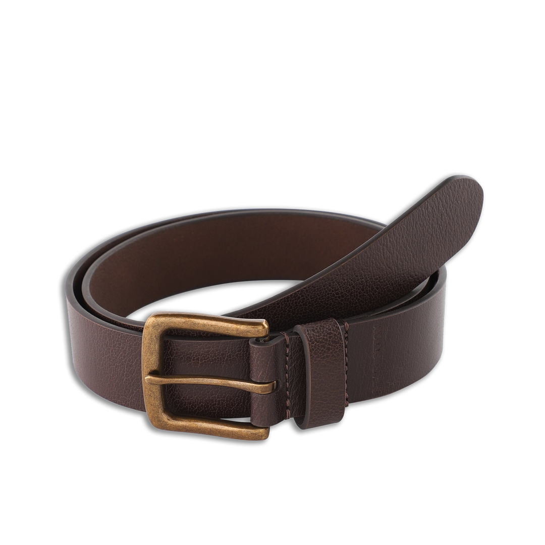 Daily Leather Belt Tumbled Brown with antique brass prong enclosure and embossed Bearbottom below loop