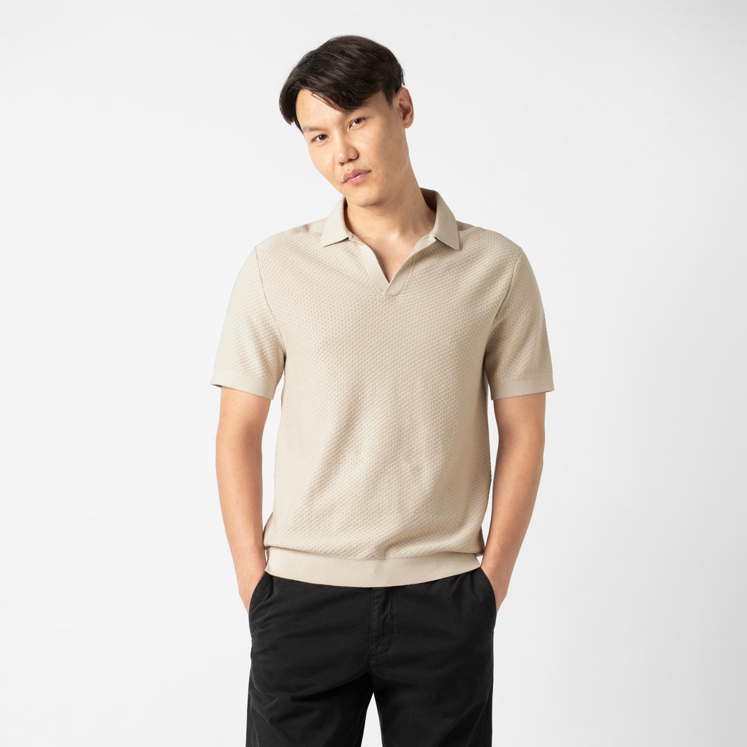 Diamond Knit Sweater Polo Bone front on model