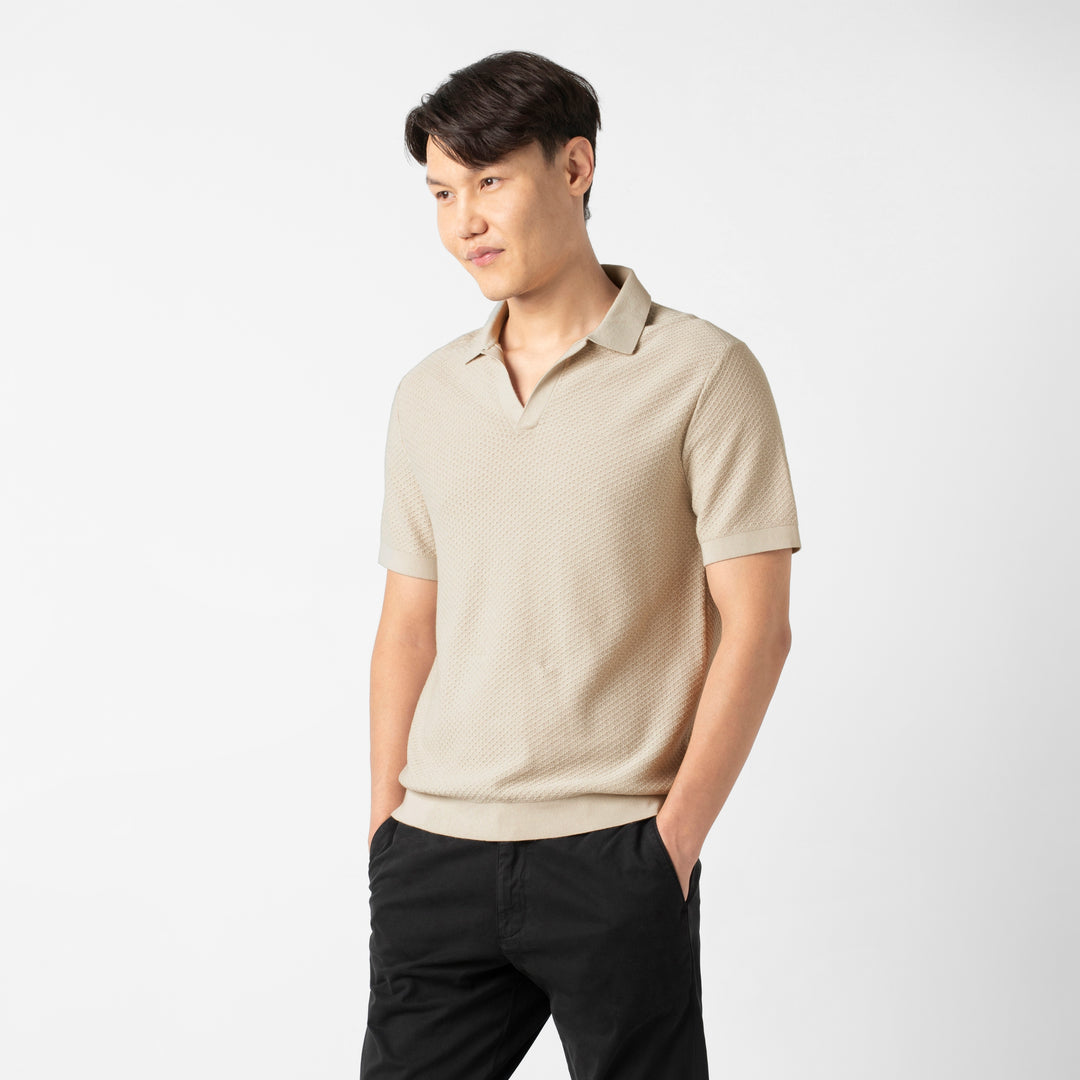 Diamond Knit Sweater Polo Bone side on model
