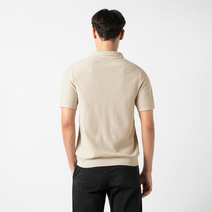 Diamond Knit Sweater Polo Bone back on model