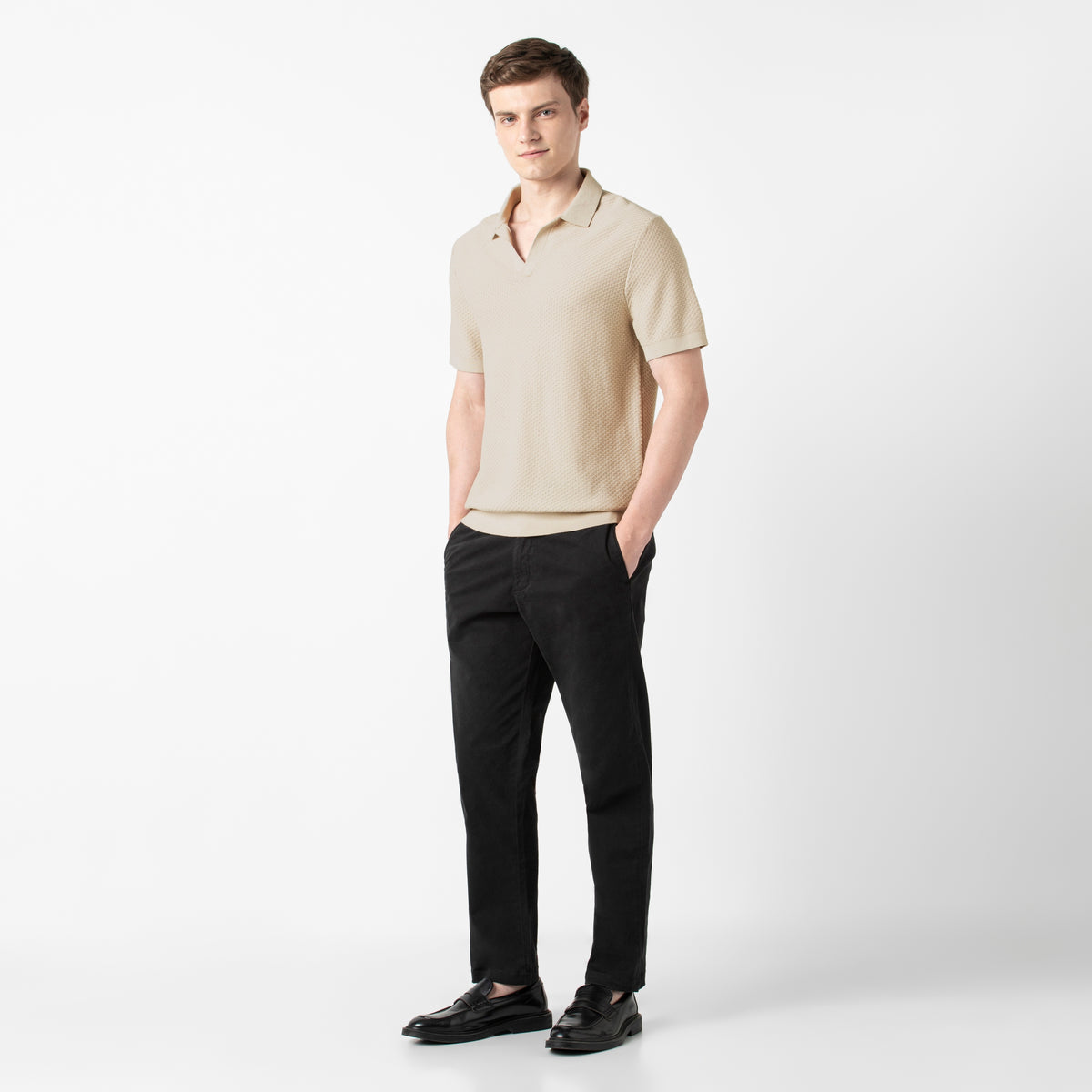 Diamond Knit Sweater Polo Bone full body on model