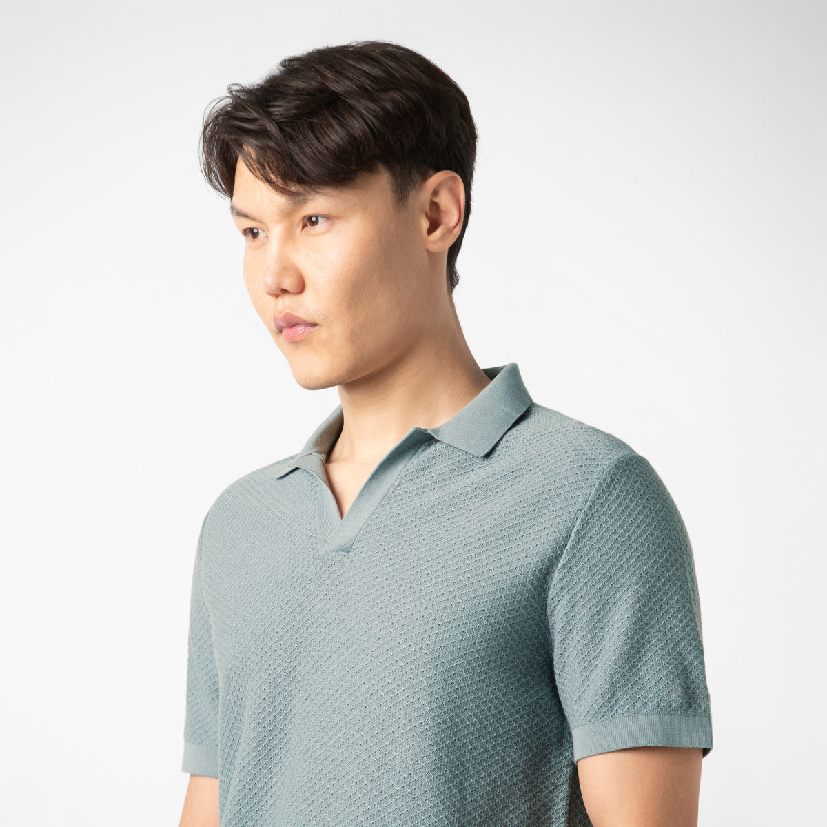 Diamond Knit Sweater Polo Shark close up on model